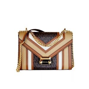 MICHAEL KORS WHITNEY MEDIUM FLAP SHOULDER CHAIN CROSSBODY BAG MK BROWN MULTI NWT